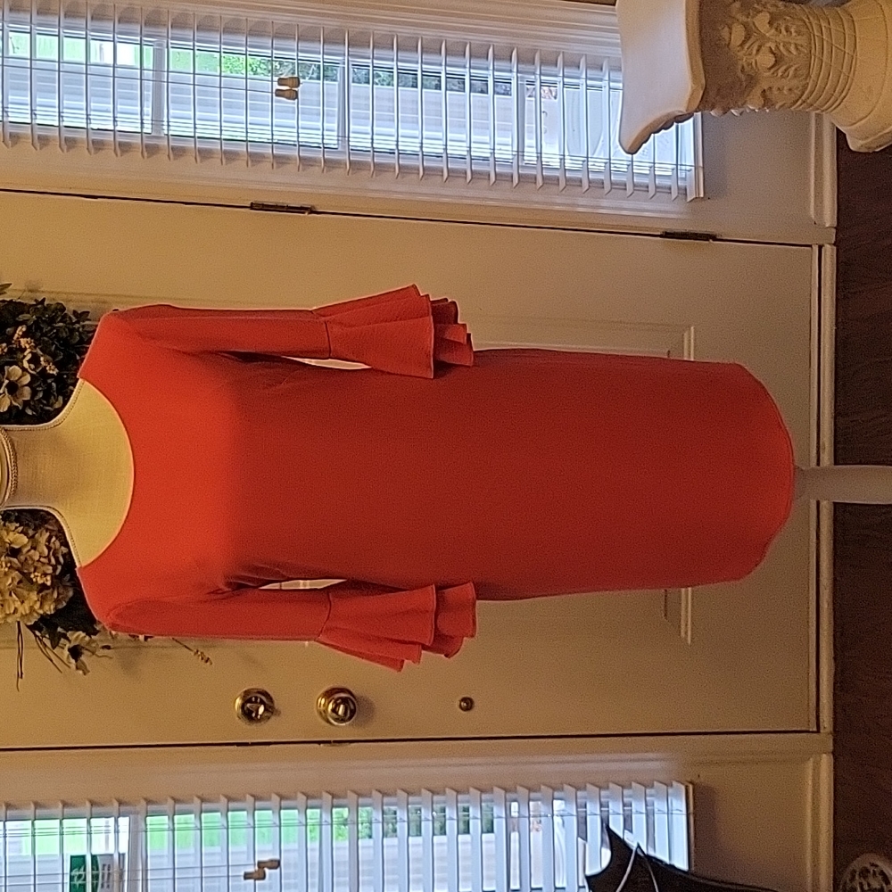 Nine West coral crepe dress 3/4 bell sleeve round neck front Vneck back 2 EUC …